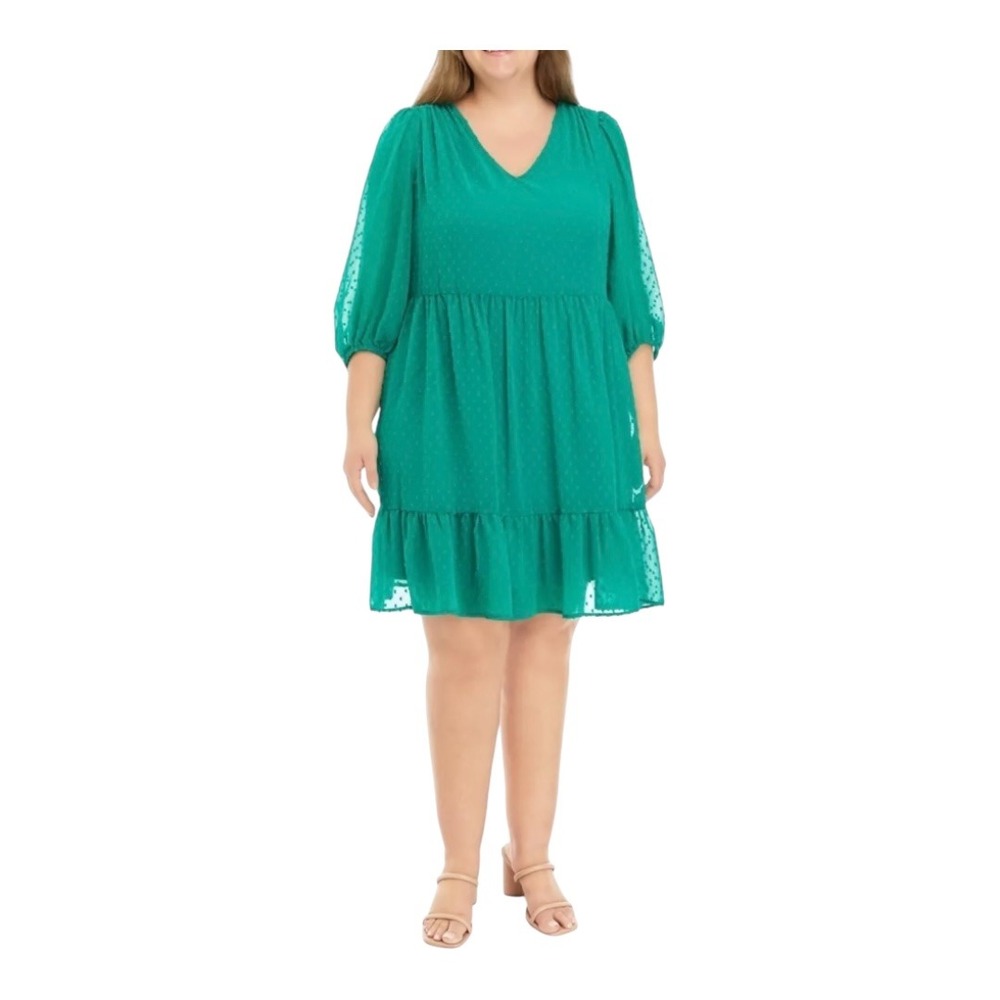 52seven Green Swiss Dot V Neck Tiered Ruffle Hem Babydoll‎ Dress Plus Size 1X